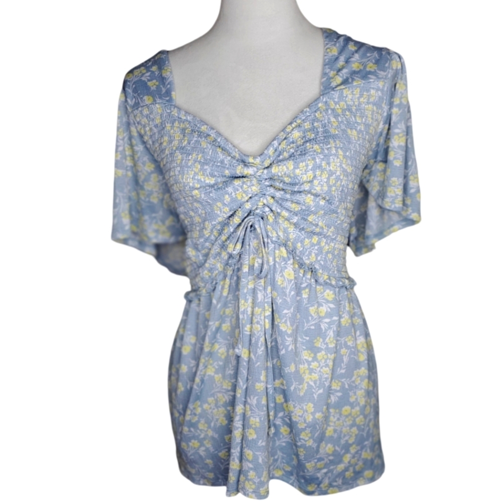 🦋Cato Plus Size Baby Blue Ruched Adjustable Tie Front Flowy Top